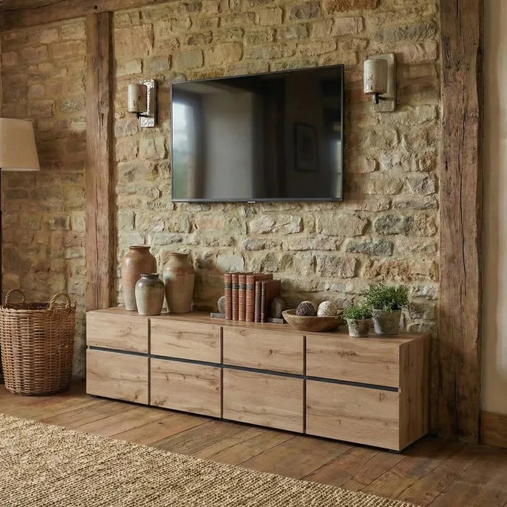 Mobile porta TV 225x48h cm 4 ante a ribalta 4 cassetti moderno rovere nero Lolla