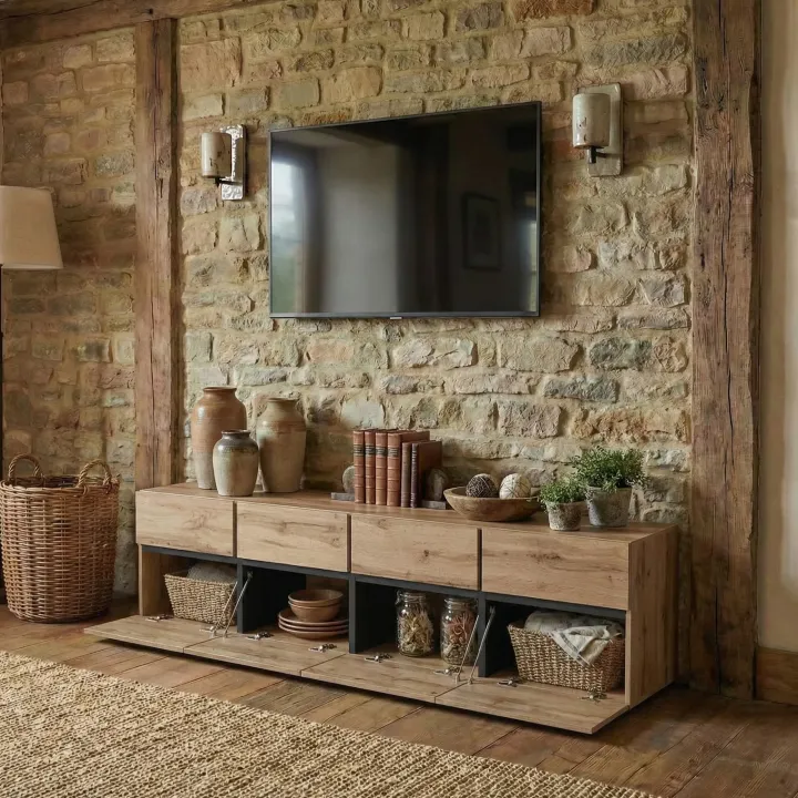 Mobile porta TV 225x48h cm 4 ante a ribalta 4 cassetti moderno rovere nero Lolla