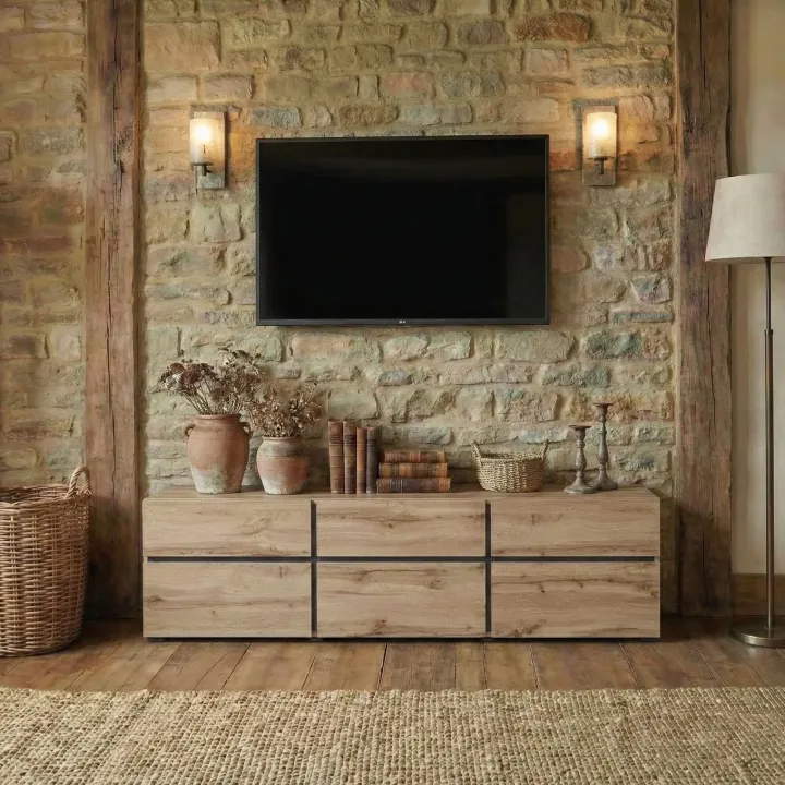 Mobile porta TV 180x48h cm 3 ante a ribalta 3 cassetti rovere nero Lolla