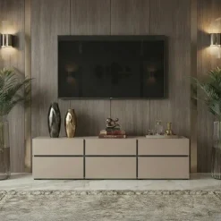 Mobile porta TV 180x48h cm 3 ante a ribalta 3 cassetti tortora nero Lolla