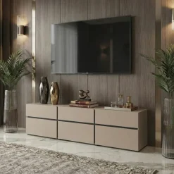 Mobile porta TV 180x48h cm 3 ante a ribalta 3 cassetti tortora nero Lolla