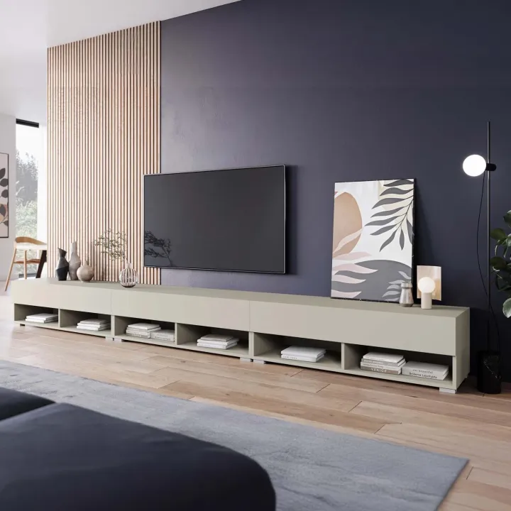 Mobile porta TV 300x30h cm 3 ante a ribalta e vani a vista beige cashmere Elisea