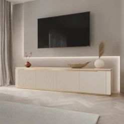 Mobile porta TV 219x50h cm 4 ante a ribalta cannettato beige cashmere oro Gatsby