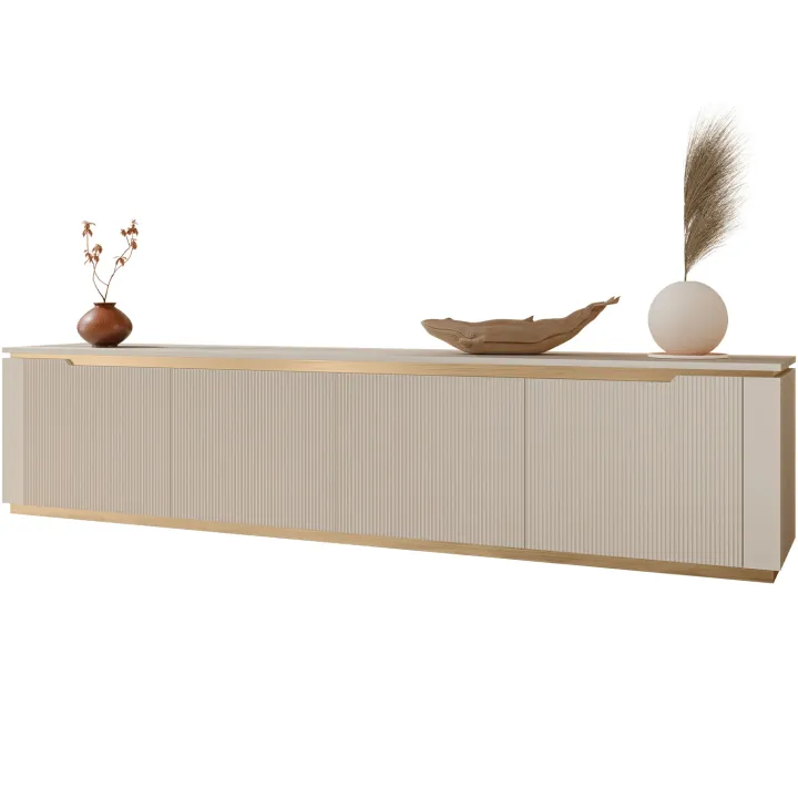 Mobile porta TV 219x50h cm 4 ante a ribalta cannettato beige cashmere oro Gatsby