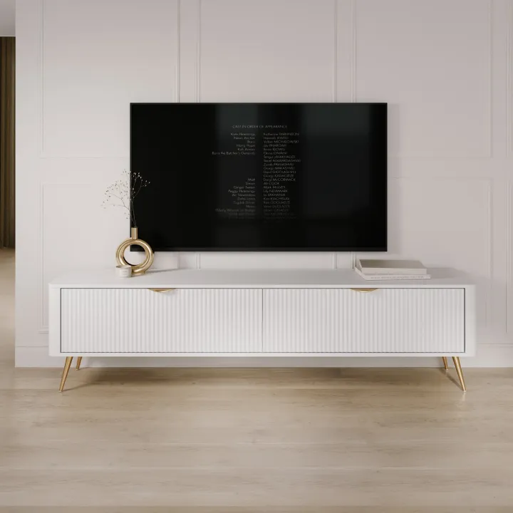 Mobile porta TV 200x51h cm 2 ante a ribalta bianco opaco cannettato Ramis