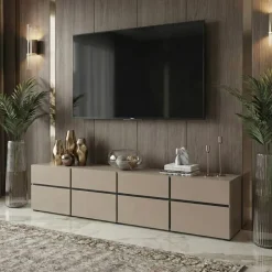 Mobile porta TV 225x48h cm 4 ante a ribalta 4 cassetti moderno tortora nero Lolla
