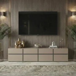 Mobile porta TV 225x48h cm 4 ante a ribalta 4 cassetti moderno tortora nero Lolla