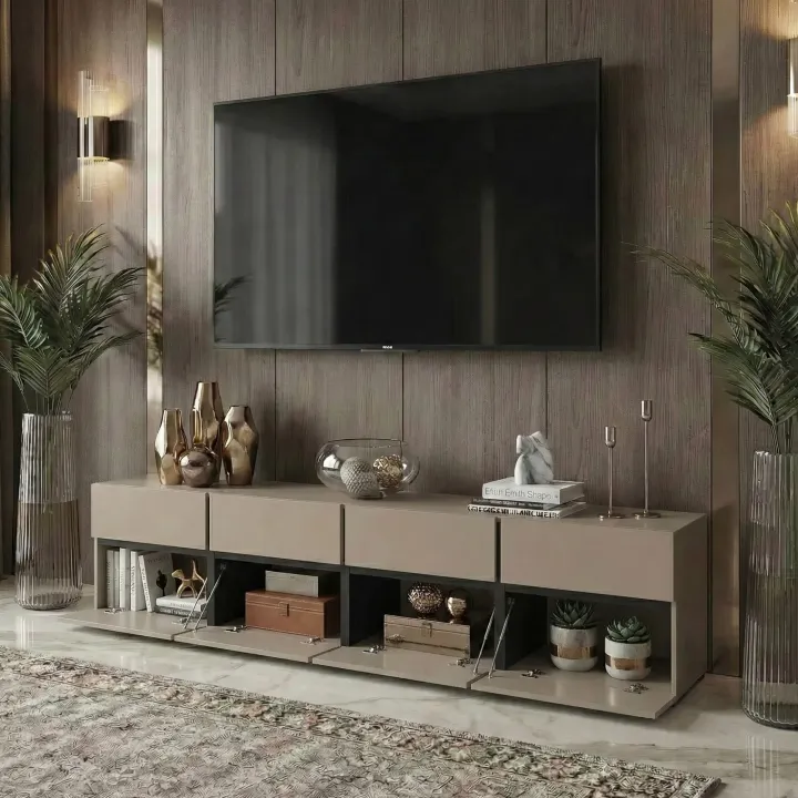 Mobile porta TV 225x48h cm 4 ante a ribalta 4 cassetti moderno tortora nero Lolla