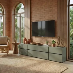 Mobile porta TV 225x48h cm 4 ante a ribalta 4 cassetti moderno verde nero Lolla