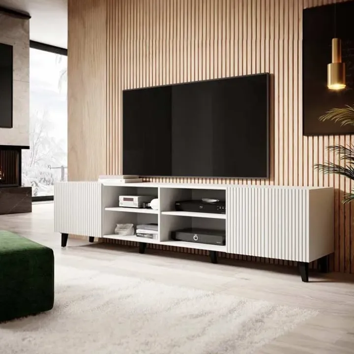 Mobile porta TV 201x53h cm 4 ante cannettato bianco Essence