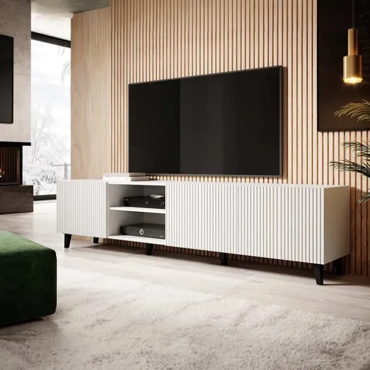 Mobile porta TV 201x53h cm 4 ante cannettato bianco Essence