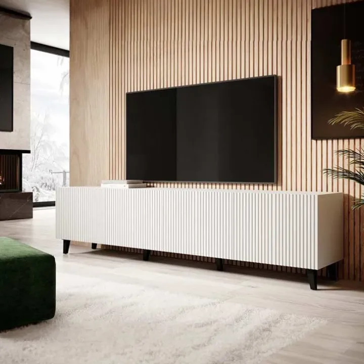 Mobile porta TV 201x53h cm 4 ante cannettato bianco Essence