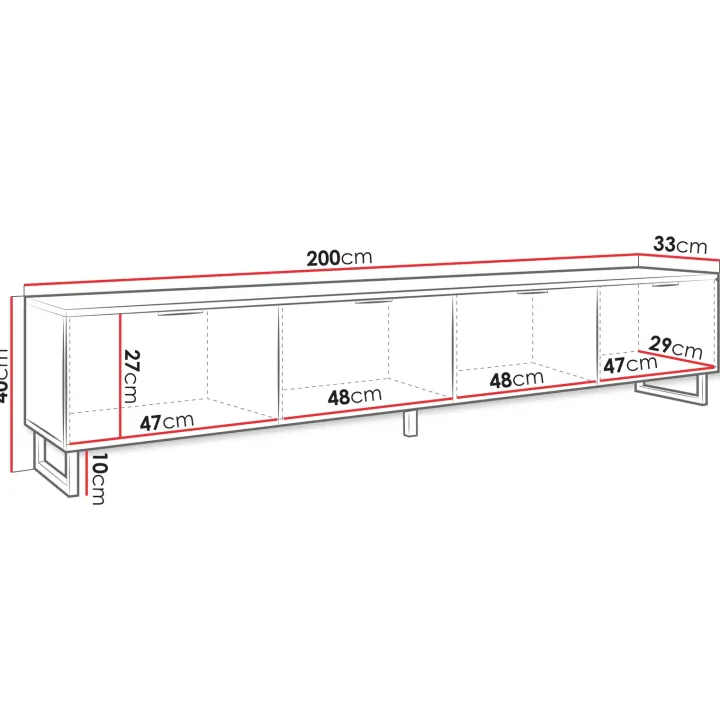 Mobile porta tv 200x40h cm 4 ante cannettato moderno nero grafite Tiziana