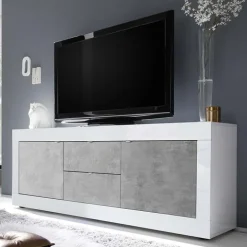 Mobile porta TV 210x66h cm 2 ante 2 cassetti bianco lucido cemento Eternity