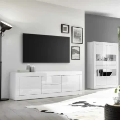 Mobile porta TV 210x66h cm 2 ante 2 cassetti bianco lucido Eternity