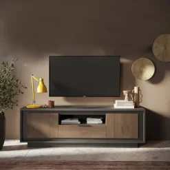 Mobile porta TV 184x58h cm 2 ante 1 cassetto antracite rovere scuro Deluxe