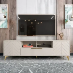 Mobile porta TV 204x60h cm 2 ante 2 cassetti 2 vani a giorno beige con frontali serigrafati Miriam