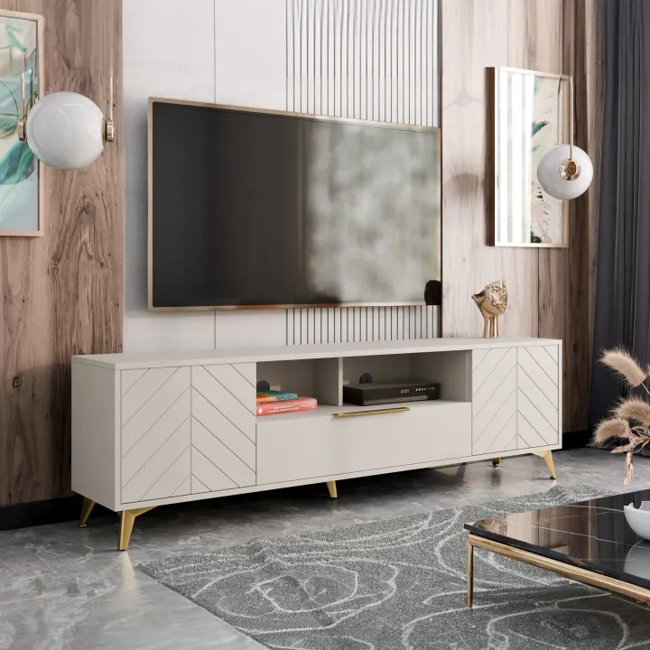 Mobile porta TV 204x60h cm 2 ante 2 cassetti 2 vani a giorno beige con frontali serigrafati Miriam