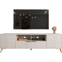Mobile porta TV 204x60h cm 2 ante 2 cassetti 2 vani a giorno beige con frontali serigrafati Miriam