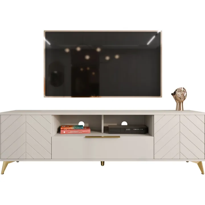 Mobile porta TV 204x60h cm 2 ante 2 cassetti 2 vani a giorno beige con frontali serigrafati Miriam
