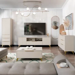 Mobile porta TV 204x60h cm 2 ante 2 cassetti 2 vani a giorno beige con frontali serigrafati Miriam