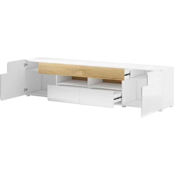 Mobile porta TV 208x48h cm 2 ante 4 cassetti bianco lucido rovere Tahiti