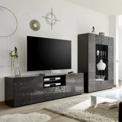 Mobile porta TV 181x57h cm 2 ante 1 cassetto soggiorno grigio laccato lucido Paradise