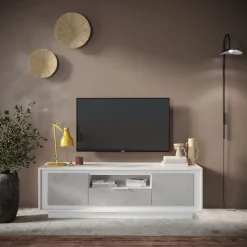 Mobile porta TV 184x58h cm 2 ante 1 cassetto bianco opaco grigio cemento Deluxe