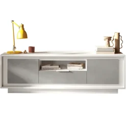 Mobile porta TV 184x58h cm 2 ante 1 cassetto bianco opaco grigio cemento Deluxe