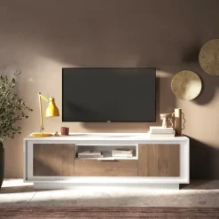 Mobile porta TV 184x58h cm 2 ante 1 cassetto bianco opaco rovere scuro Deluxe