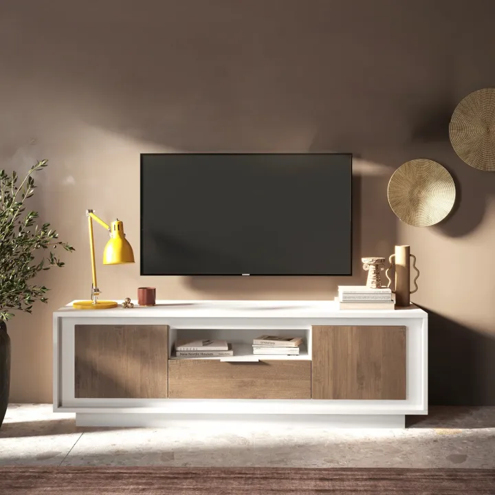 Mobile porta TV 184x58h cm 2 ante 1 cassetto bianco opaco rovere scuro Deluxe