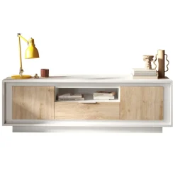 Mobile porta TV 184x58h cm 2 ante 1 cassetto bianco opaco rovere chiaro Deluxe