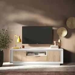 Mobile porta TV 184x58h cm 2 ante 1 cassetto bianco opaco rovere chiaro Deluxe