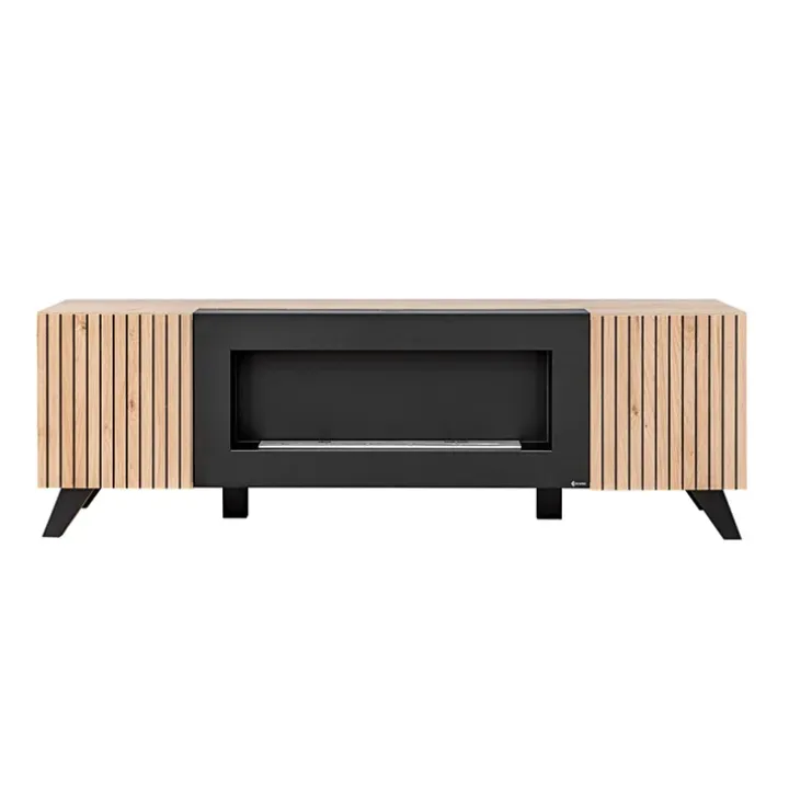 Mobile porta TV 160x52h cm 2 ante con biocamino noce con stampa nera Mendes