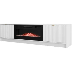 Mobile porta TV 182x48h cm 2 ante con caminetto elettrico bianco cannettato nero Athena