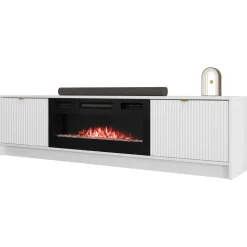 Mobile porta TV 182x48h cm 2 ante con caminetto elettrico bianco cannettato nero Athena