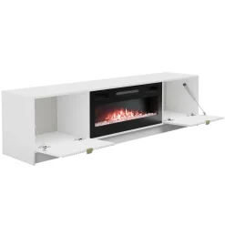 Mobile porta TV 182x48h cm 2 ante con caminetto elettrico bianco cannettato nero Athena