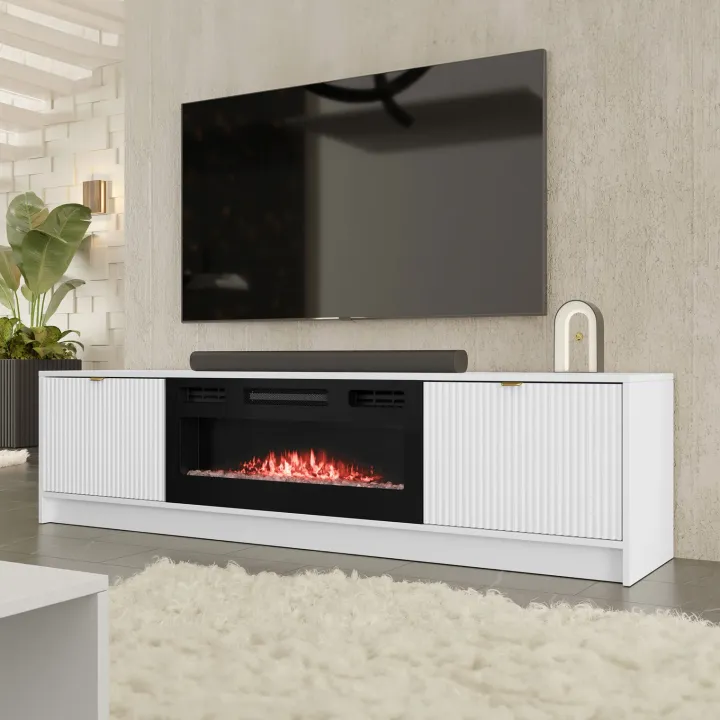 Mobile porta TV 182x48h cm 2 ante con caminetto elettrico bianco cannettato nero Athena