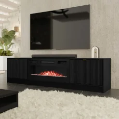 Mobile porta TV 182x48h cm 2 ante con caminetto elettrico nero cannettato Athena