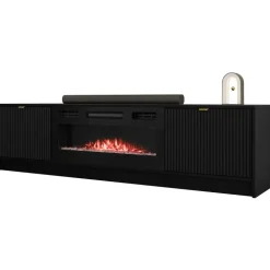 Mobile porta TV 182x48h cm 2 ante con caminetto elettrico nero cannettato Athena