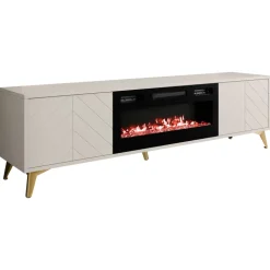 Mobile porta TV 184x53h cm 2 ante con caminetto elettrico frontali serigrafati beige nero Miriam