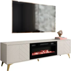 Mobile porta TV 184x53h cm 2 ante con caminetto elettrico frontali serigrafati beige nero Miriam