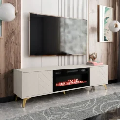 Mobile porta TV 184x53h cm 2 ante con caminetto elettrico frontali serigrafati beige nero Miriam