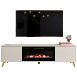 Mobile porta TV 184x53h cm 2 ante con caminetto elettrico frontali serigrafati beige nero Miriam