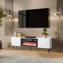 Mobile porta TV 181x59h cm 2 ante con caminetto elettrico con frontali decorati bianco Daniele