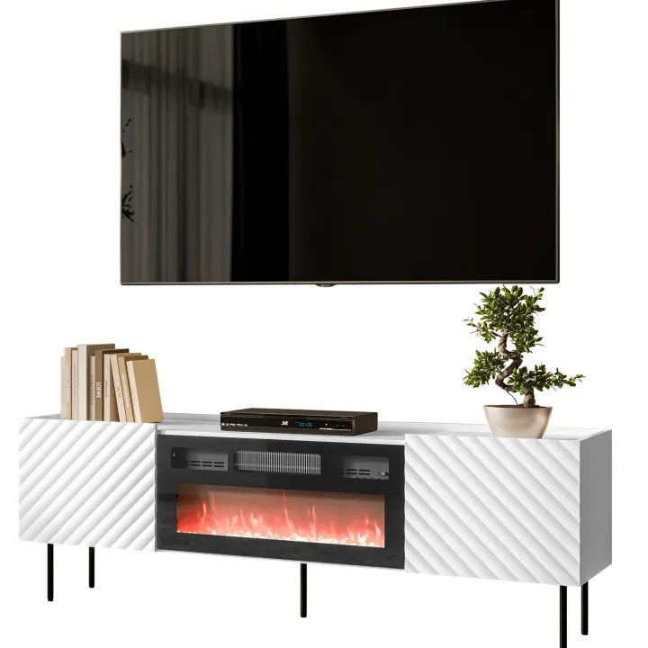 Mobile porta TV 181x59h cm 2 ante con caminetto elettrico con frontali decorati bianco Daniele