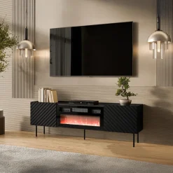 Mobile porta TV 181x59h cm 2 ante con caminetto elettrico con frontali decorati nero Daniele