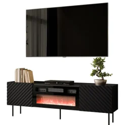 Mobile porta TV 181x59h cm 2 ante con caminetto elettrico con frontali decorati nero Daniele