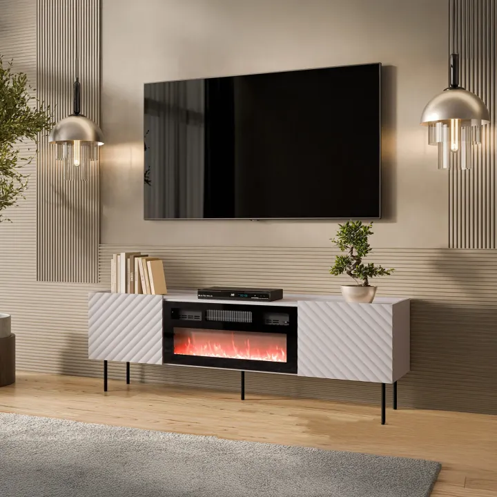 Mobile porta TV 181x59h cm 2 ante con caminetto elettrico con frontali decorati beige Daniele