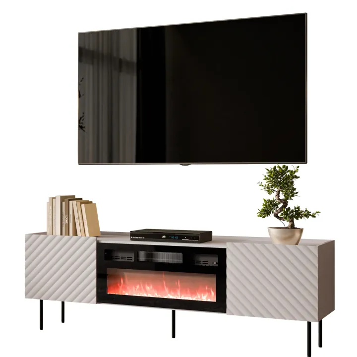 Mobile porta TV 181x59h cm 2 ante con caminetto elettrico con frontali decorati beige Daniele